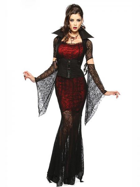 Black Red Vilanya Female 4 Pieces Long Sleeve Vixen Vampire Cheap Scary Halloween Costume