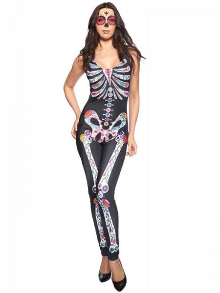 Black White Vilanya Sleeveless One-piece Sugar Skull Catsuit Halloween Scary Costumes