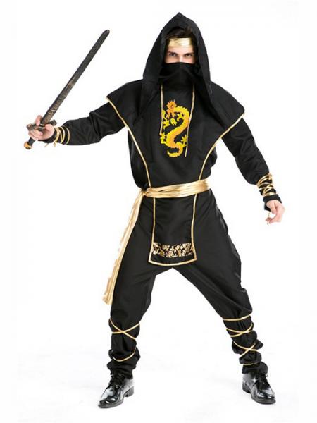 Black Vilanya 5 Pieces Long Sleeve Printed Ninja Cool Halloween Costumes For Men