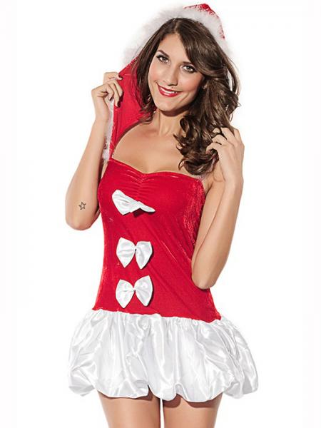 Red White Cheap Vilanya One-piece Fluff Sleeveless Draped Hooded Christmas Dress for Women