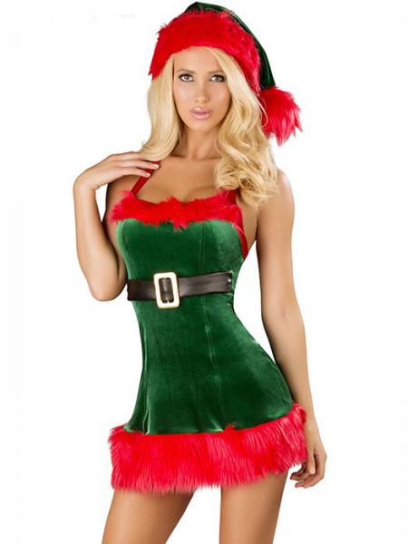 Green Red Three Pieces Sleeveless Fluff Hollow Out Halter Women Christmas Dress Up