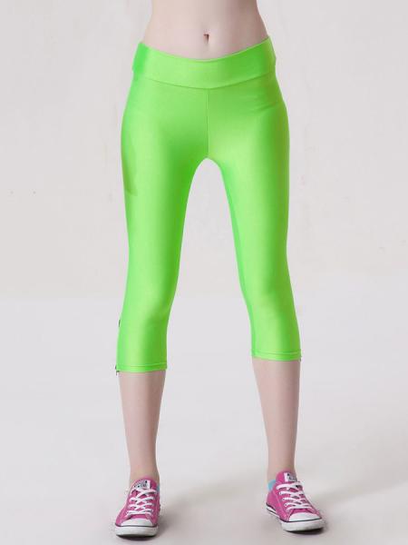 Green Womens Stretchy Fluorescent Side Zipper Mid Length Capri Leggings