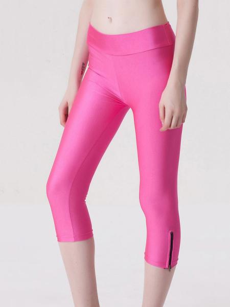 Pink Womens Stretchy Fluorescent Side Zipper Mid Length Capri Leggings