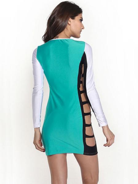 White Green Black Hollow Out High-waist Contrast Color Sided Slits Mini Long Sleeved Mini Bodycon Dress