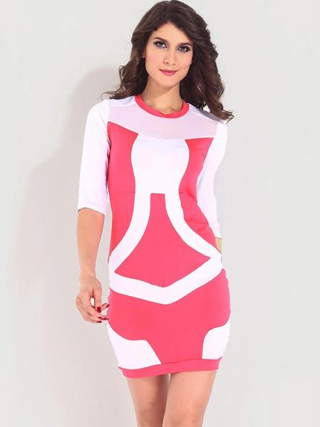 Pink White Patchwork Half Sleeve Hollow Out Mesh Chest Accent Bodycon Mini Dresses Cheap on Sale