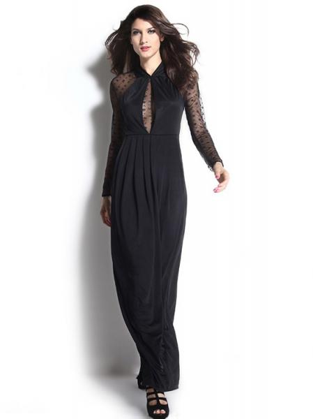 Black High Waisted Long Mesh Sleeves Slit Hemline Draped Straight Black Maxi Dress for Women