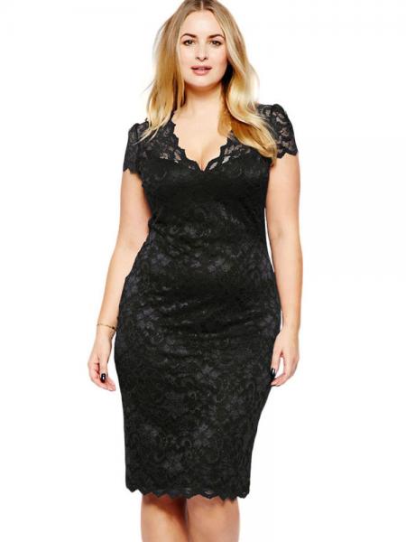 Black High-waist Scalloped V-neck Short Sleeve Fully Lined Hollow Out Midi Plus Size Lace Dresses