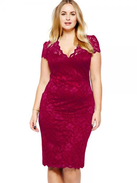 Burgundy High-waist Scalloped V-neck Short Sleeve Fully Lined Hollow Out Midi Plus Size Lace Dresses