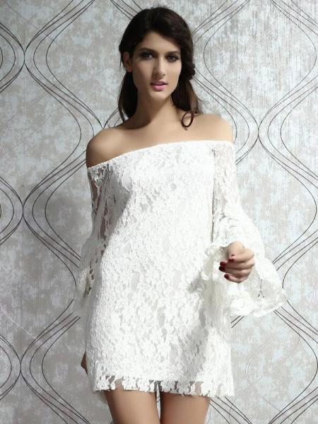 White Vilanya High Waist Slash Neck Flare Sleeve Hollow Out Lace Off The Shoulder Mini Dresse