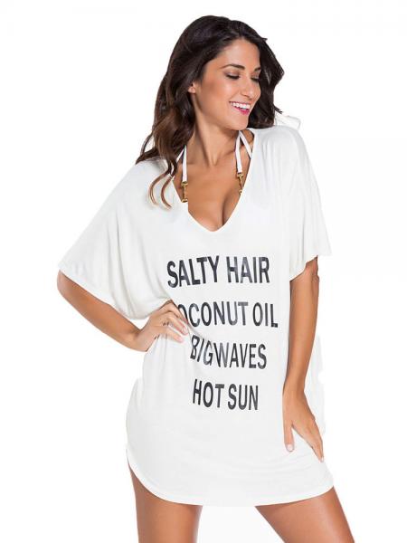 White Loose Fit Short Sleeves V-neck Cheeky Letters Printed Coverups for Swimwear