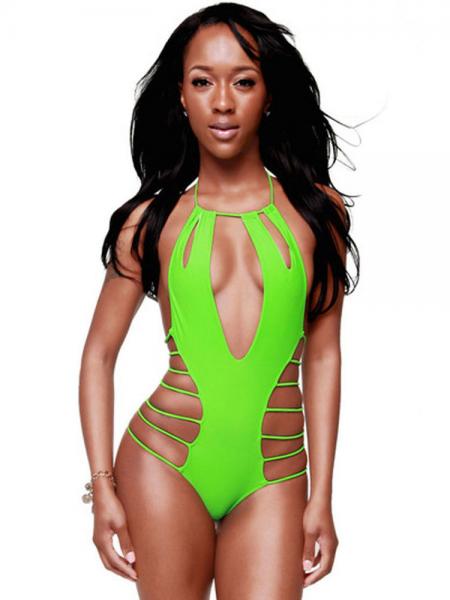Green Sexy Cut Out Backless Halter One Piece Swimsuit with Strappy Sides
