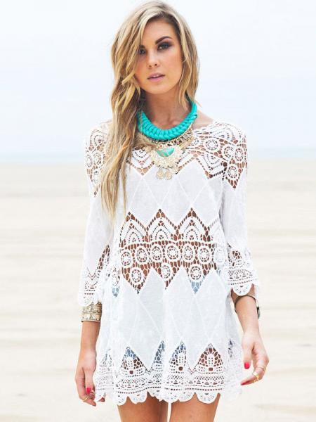 White Three Quarter Sleeves Hollow Out Bohemian Mini Length Crochet Coverups