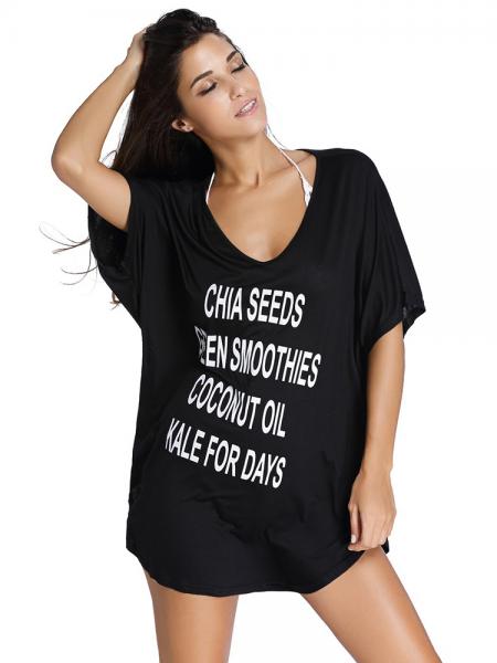 Black Womens Baggy Short Sleeves V-neck Beachwear with Cheeky Letters Printed