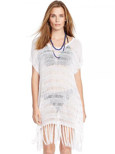 White Bohemian Inspired Short Sleeve Flirty Fringed Crochet Sheer Poncho Coverups