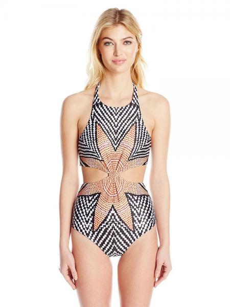 White Black Cheap High Neckline Cutout Starbasket Patterm Halter One Piece Swimsuit