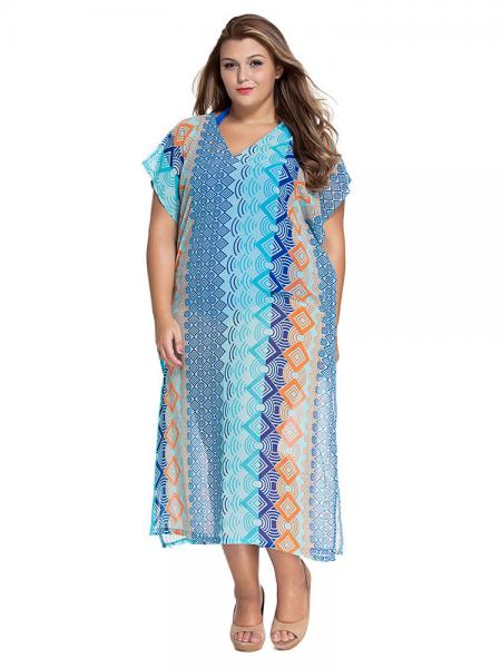 Blue Lemon Colorful Graphic Print Oversize Maxi Miami Splits Kaftan Poncho for Beach