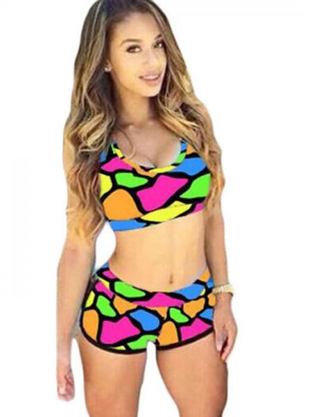 Rosy Blue Orange Sporty Printed Bikini with Pushup Padded Racer Back Top & High-waist Bottom