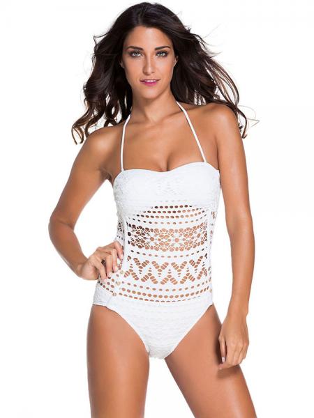 White Delicate Teddy Style Halter Lace One Piece Swimsuit with Hollow Out Details
