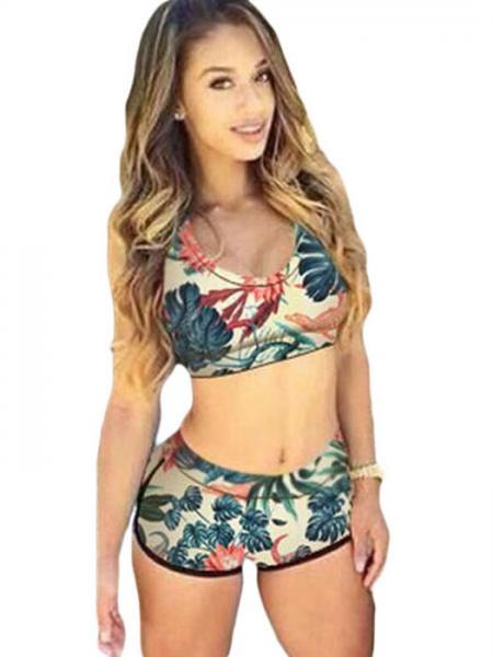 Green Beige Sporty Printed Bikini with Pushup Padded Racer Back Top & High-waist Bottom