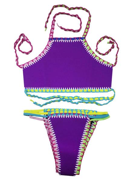 Purple Handmade Crochet-trimmed High Neck Halter Bohemian Inspired Neoprene Tankini