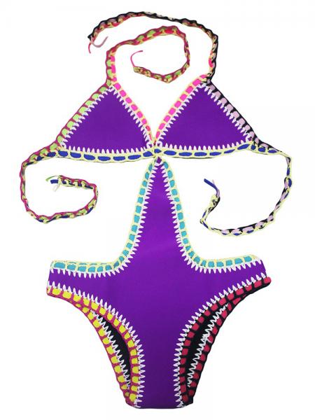 Purple Hot Handmade Adjustable Halter Neck Neoprene Crochet One Piece Swimsuit