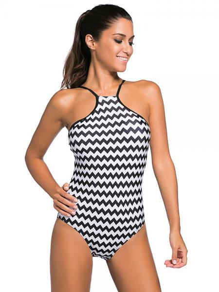 Black White Monochrome Waved Printing Halter Highneck Padded Cutout Back 1PCS Swimsuit