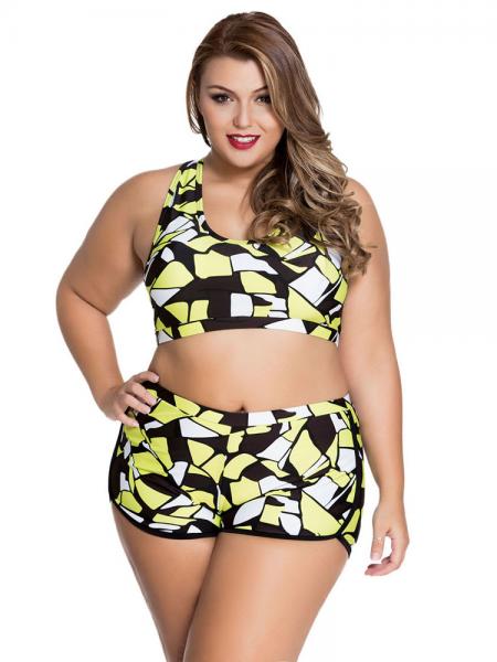 Black Yellow White Sporty Printed Bikini with Pushup Padded Racer Back Top & High-waist Bottom