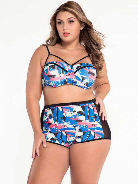 Blue Pink Black Abstract Print Padded & Underwired Mesh Insert High Waist Plus Size Bikini