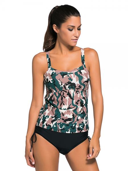 Green Black Body Slimming Camo Printing Removable Padded 2 Pieces Tankini Swimming Suit