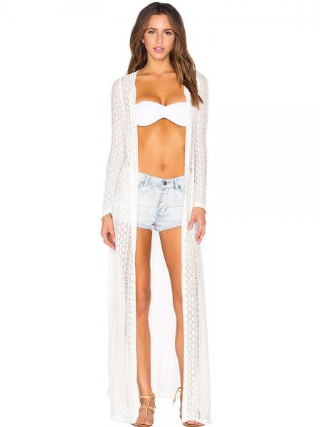 White Button-up Front Long Sleeved Boho Breeze Crochet Lace Maxi Length Beachwear