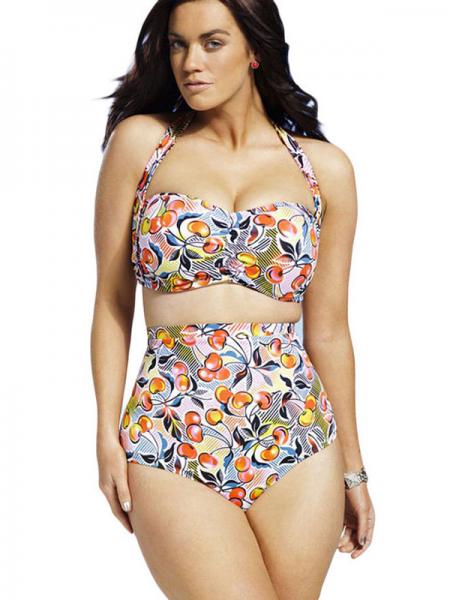 Orange Pink Printed Halter Style Pushup Padded Ruched Bikini Top & High Waisted-waist Bottom