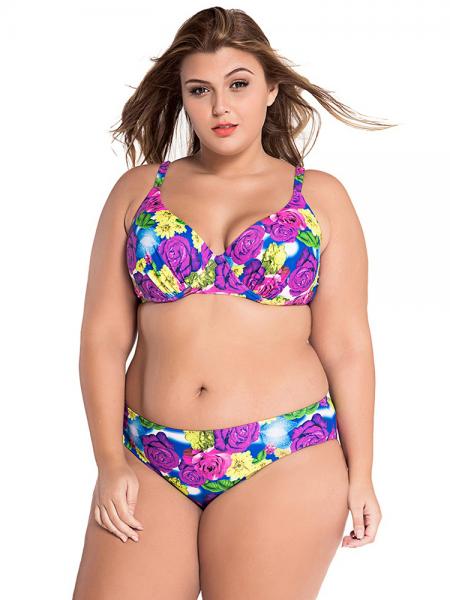Rosy Blue Yellow Colorful Pop Art Floral Printed Lacing-up Back Underwired & Padded Bikini