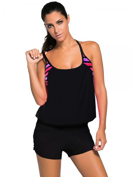 Black Contrast Print Inserts Sporty Racerback Bra Padding Tankini Top Women Online