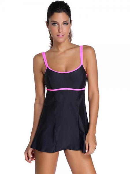 Black Pink Double Shoulder Straps Padded & Underwire Modest One Piece Swimsuit with Skirt