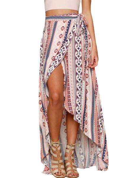 Pink Blue Ethnic Printed Wrap Style Asymmetric Lacing-up Maxi Beach Skirt Sarong