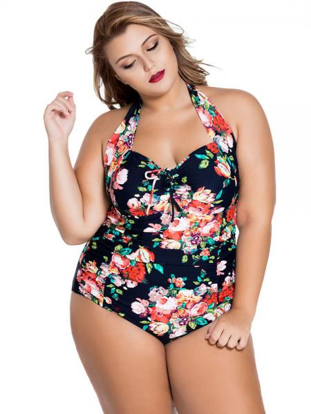 Black Pink Rosy Sweetheart Neckline Keyhole & Ruched Front Halter Plus Size One Piece Swimsuit