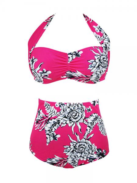 Rosy White Printed Halter Style Pushup Padded Ruched Bikini Top & High Waisted-waist Bottom