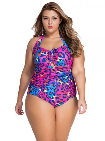 Purple Blue Sweetheart Neckline Keyhole & Ruched Front Halter Plus Size One Piece Swimsuit
