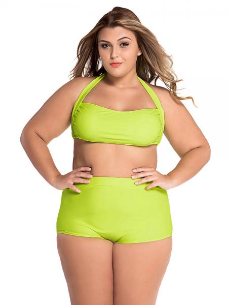 Aqua Plus Size Retro Halter Padded Bandeau Top & High-waisted Boyshort Bottom