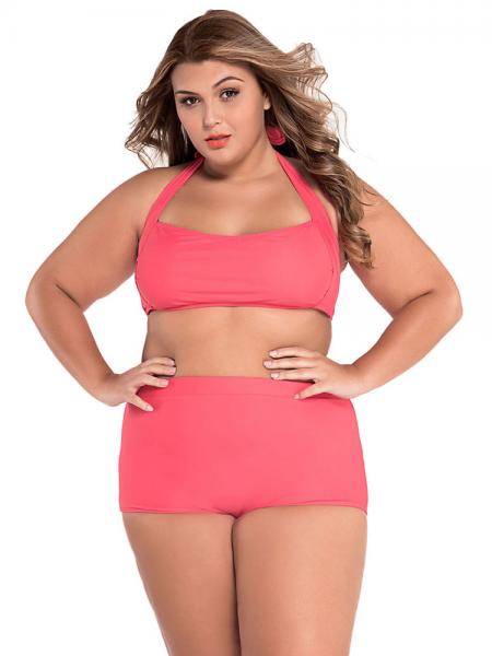 Pink Plus Size Retro Halter Padded Bandeau Top & High-waisted Boyshort Bottom