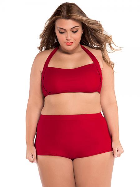 Red Plus Size Retro Halter Padded Bandeau Top & High-waisted Boyshort Bottom