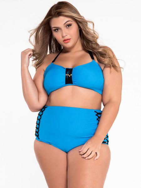 Blue Black Removable Halter Strap & Padded Bandeau Plus Size High Waisted Bikini Set