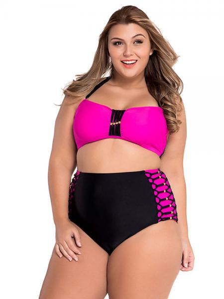 Rosy Black Removable Halter Strap & Padded Bandeau Plus Size High Waisted Bikini Set