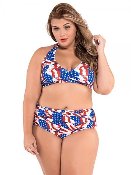 White Blue Red Retro American Starlet Print Halter Padded Bikini Top & Twist Front Bottom