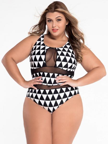 Black White Scoopneck Trigon Printing Sexy Mesh Insert Panel One Piece Bathing Suit