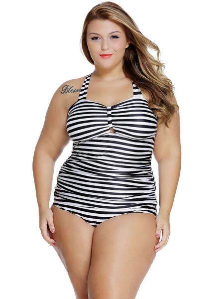 Black White Stripe Printing Adjustable Straps Padded Tankini with Bow & Keyhole Accent