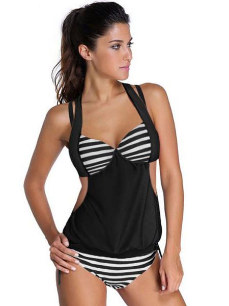 Black White Striped Strappy Tankini Set with Padded & Underwired Top and Lacing-up Sides Bottom