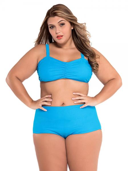 Blue Sweetheard Neck Pullover Ruched Padded Bikini Top and High Waisted Bottom