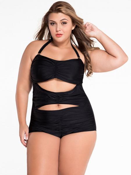 Black Sweetheart Neckline Cutout Ruched Halter Padded Plus Size One Piece Swimsuit