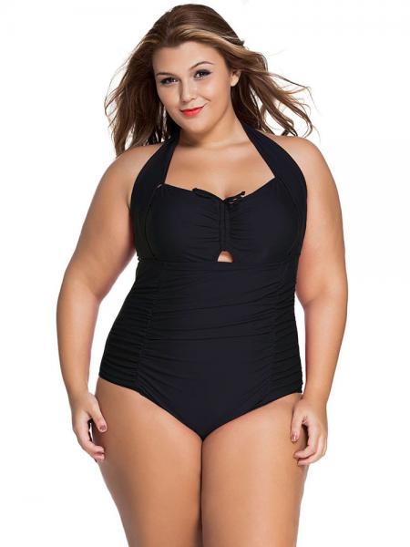 Black Sweetheart Neckline Keyhole & Ruched Front Halter Plus Size One Piece Swimsuit